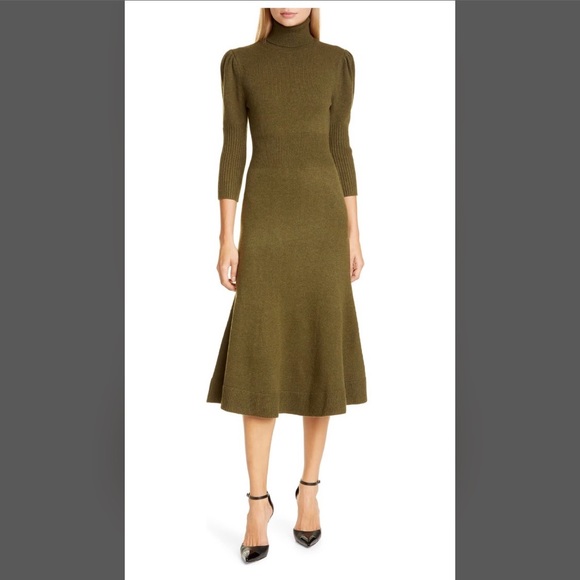 MICHAEL KORS COLLECTION Cashmere Puff-Sleeve Turtleneck Dress Olive Size L